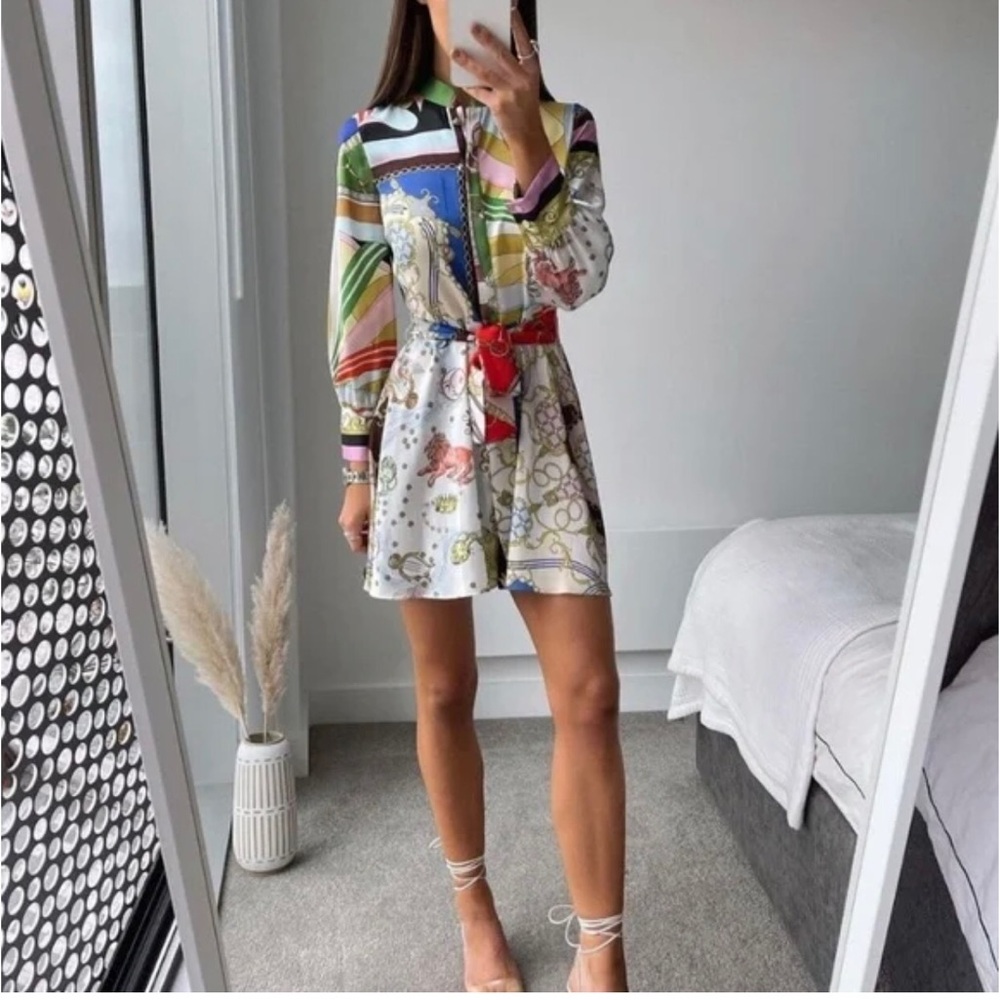 Blogger Favorite! Zara Satin Zodiac Astrology Geometric Mini Shirt Dress